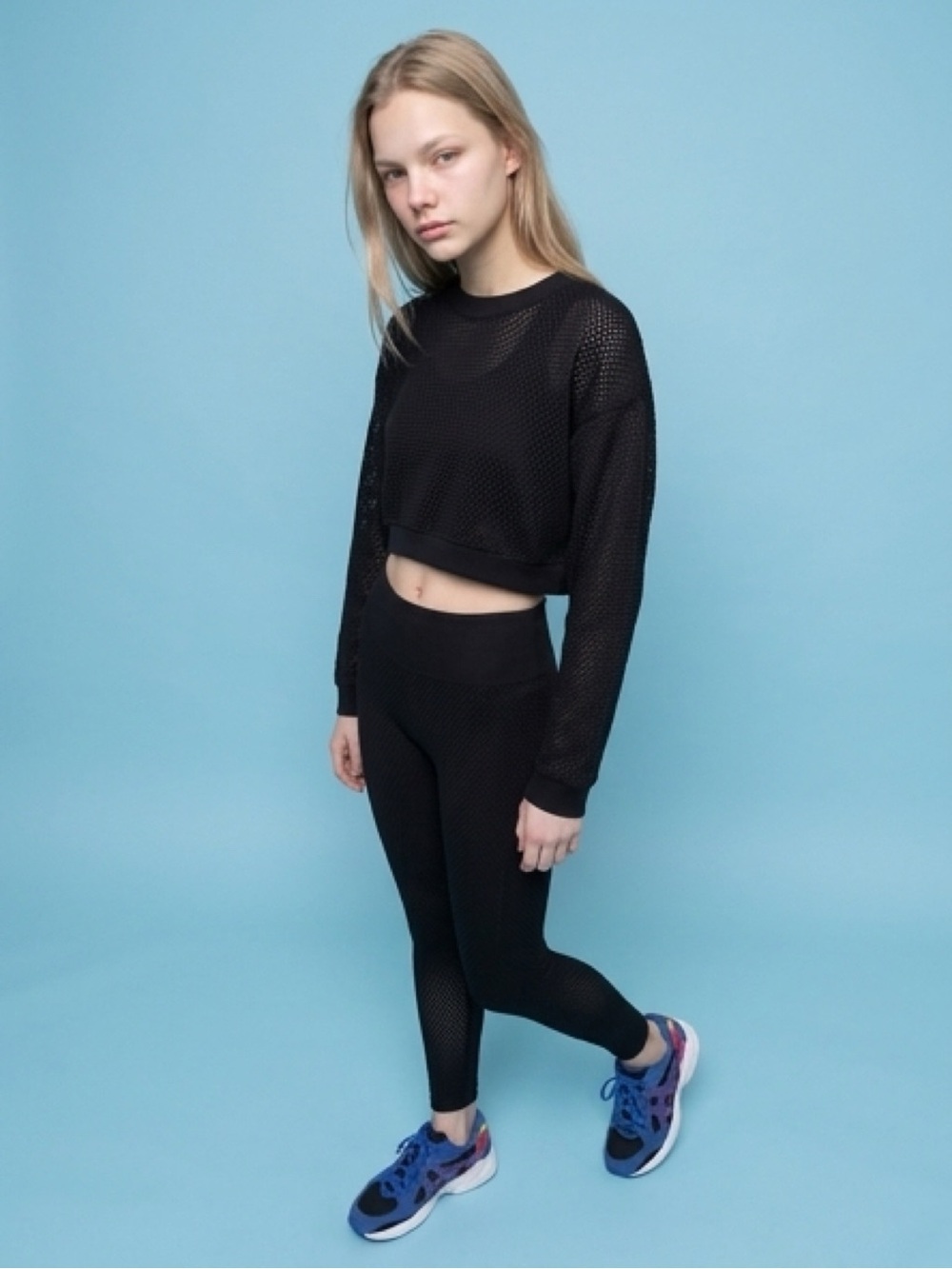 Black Mesh Cropped Long-Sleeve Top and Leggings Set